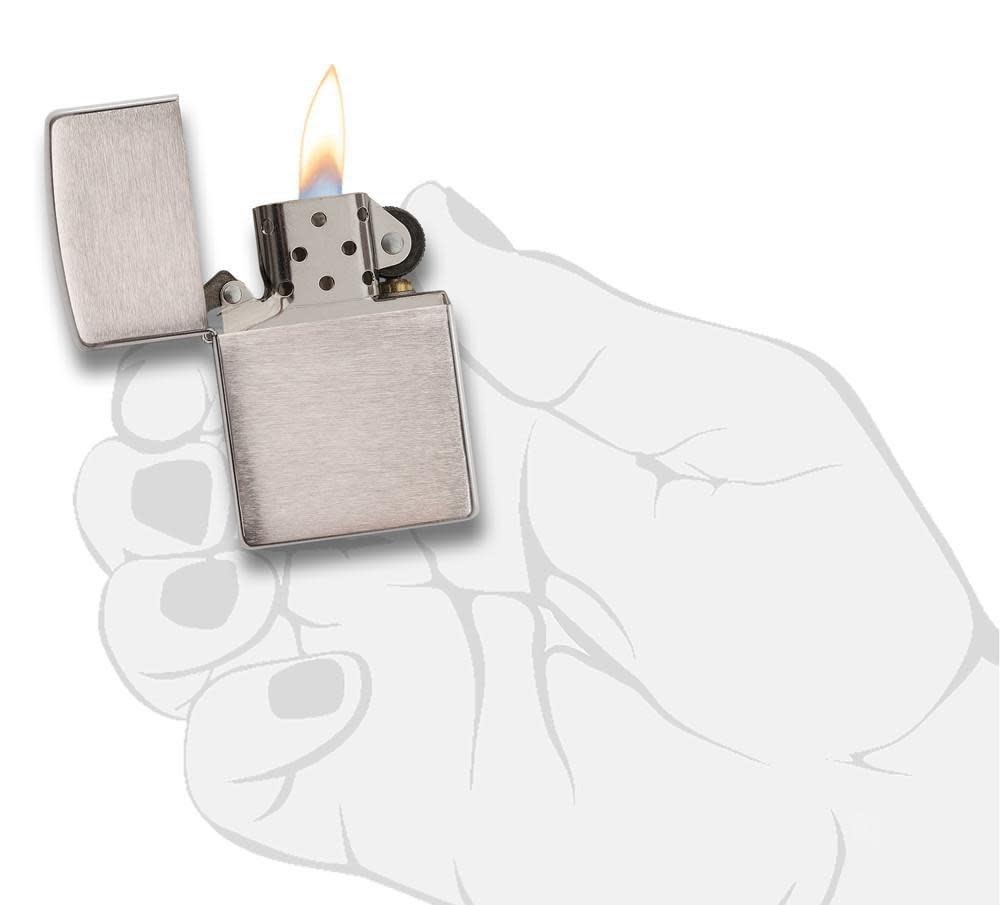 Front view of the Brushed Chrome Lighter, in hand, open and lit