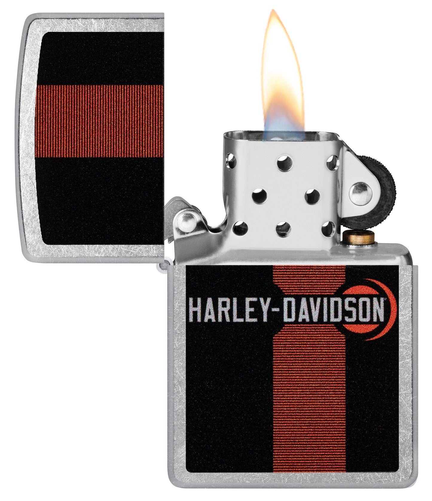 Zippo Harley-Davidson Logo Design Street Chrome Windproof Lighter with its lid open and lit.