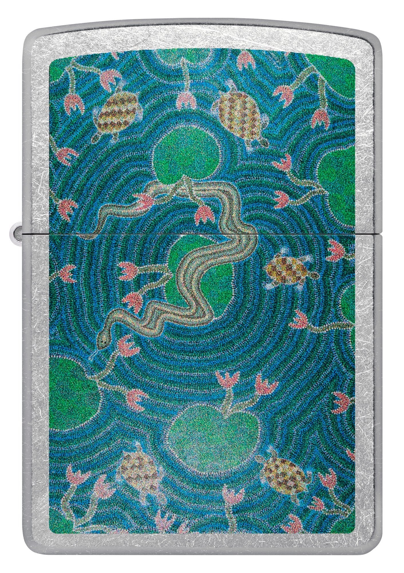 Front view of Zippo John Smith Gumbula Snake & Turple Design Street Chrome Windproof Lighter.