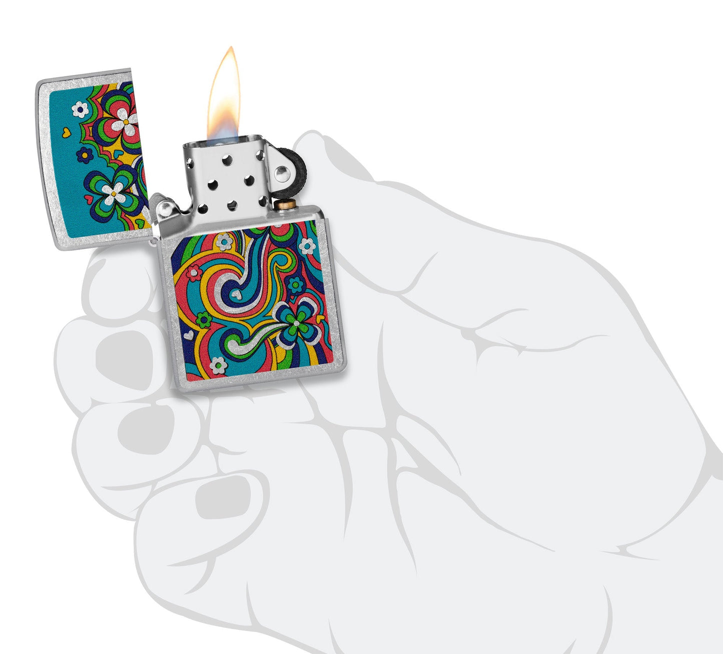 Zippo Flower Power Design Street Chrome Pocklet Lighter lit in hand.