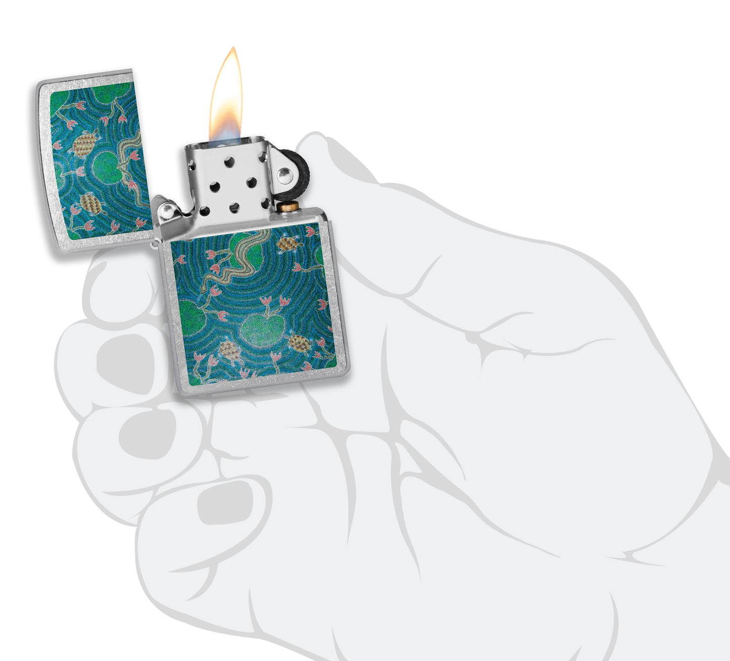 Zippo John Smith Gumbula Snake & Turple Design Street Chrome Windproof Lighter lit in hand.