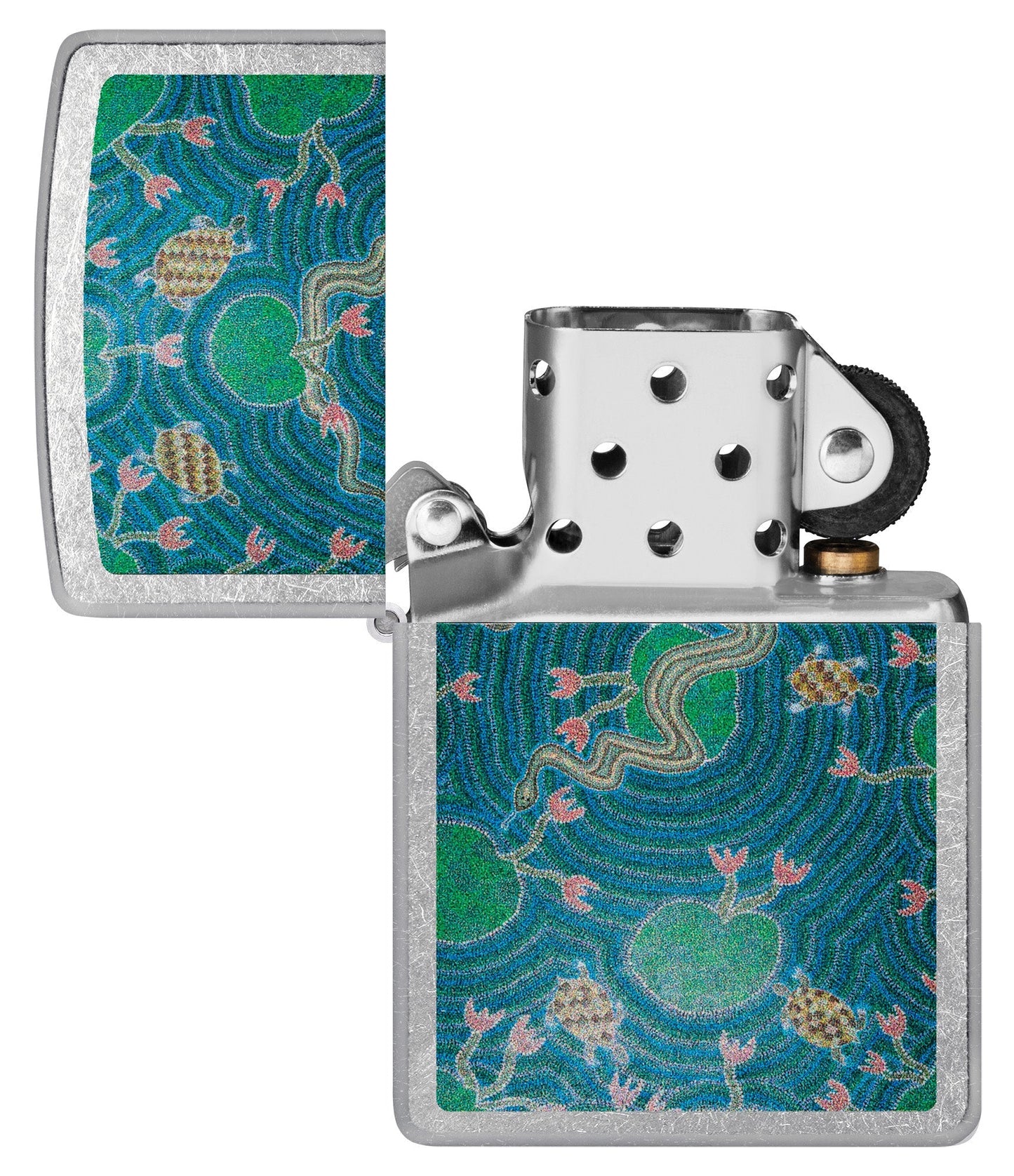 Zippo John Smith Gumbula Snake & Turple Design Street Chrome Windproof Lighter with its lid open and unlit.